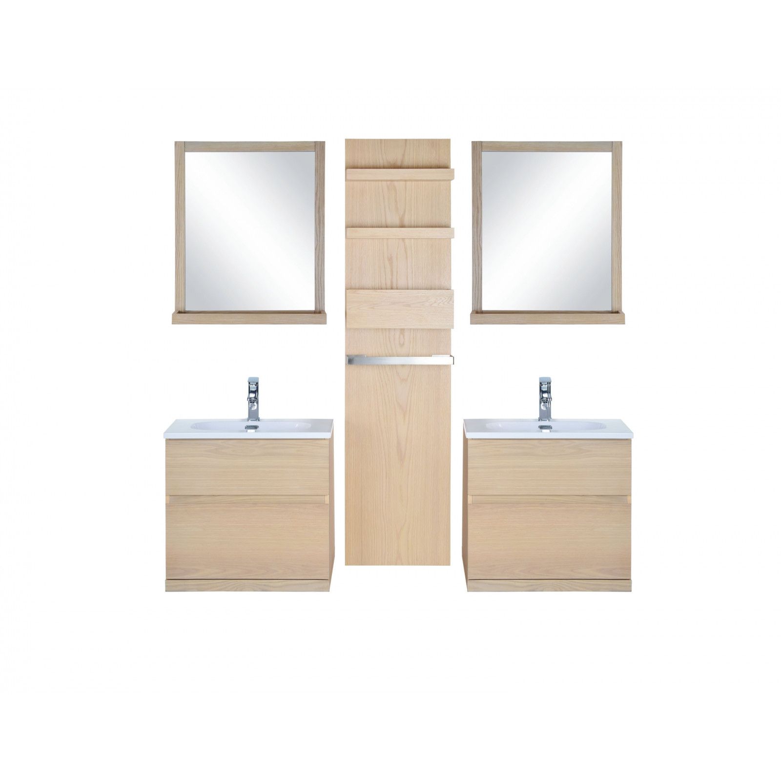 Ensemble salle de bain chêne 2 meubles 60 cm + 2 miroirs + 1 module rangement ENIO