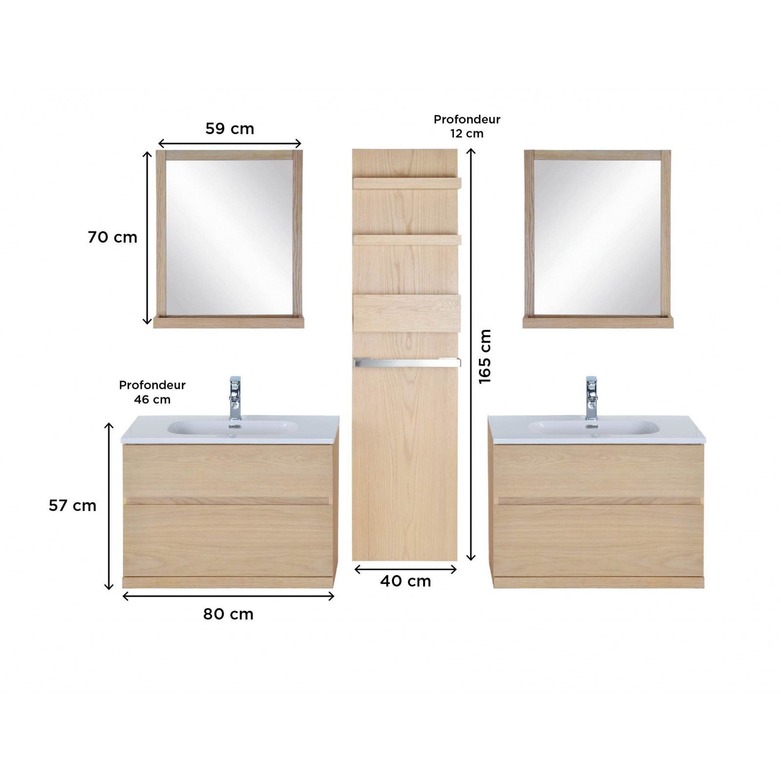 Ensemble salle de bain chêne 2 meubles 80 cm + 2 miroirs + 1 module rangement ENIO Ensemble salle de bain chêne 2 meubles 80 cm + 2 miroirs + 1 module rangement ENIO