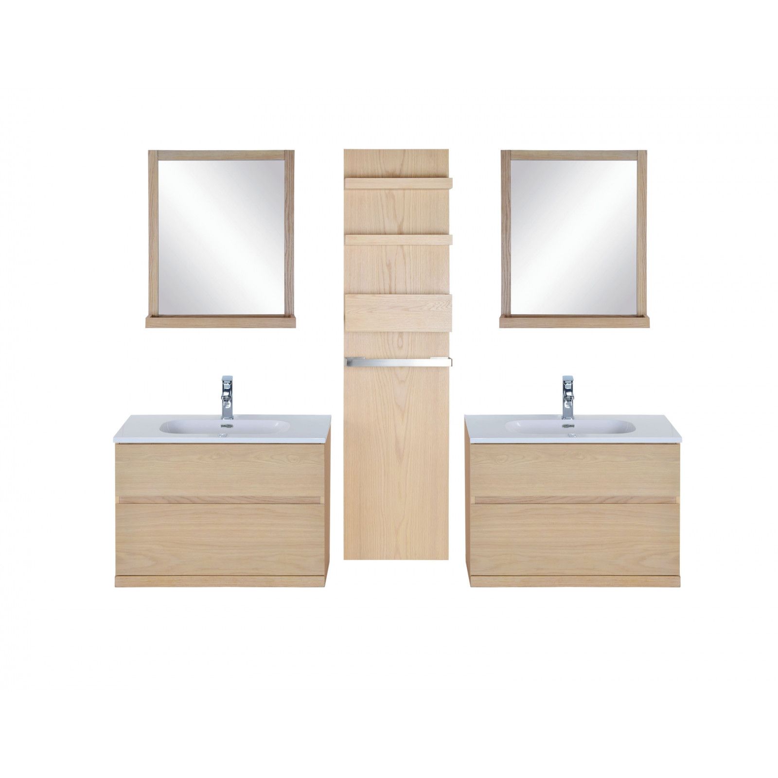 Ensemble salle de bain chêne 2 meubles 80 cm + 2 miroirs + 1 module rangement ENIO Ensemble salle de bain chêne 2 meubles 80 cm + 2 miroirs + 1 module rangement ENIO