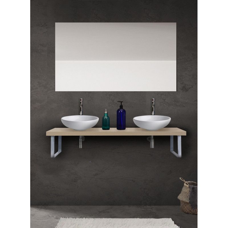 Plan Suspendu Pour Vasque 120 cm Effet chêne MOON + 2 Vasques OMA + 2 équerres