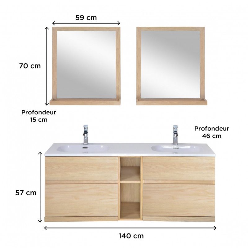 Ensemble salle de bain chêne 140 cm meuble + vasque + 2 miroirs ENIO
