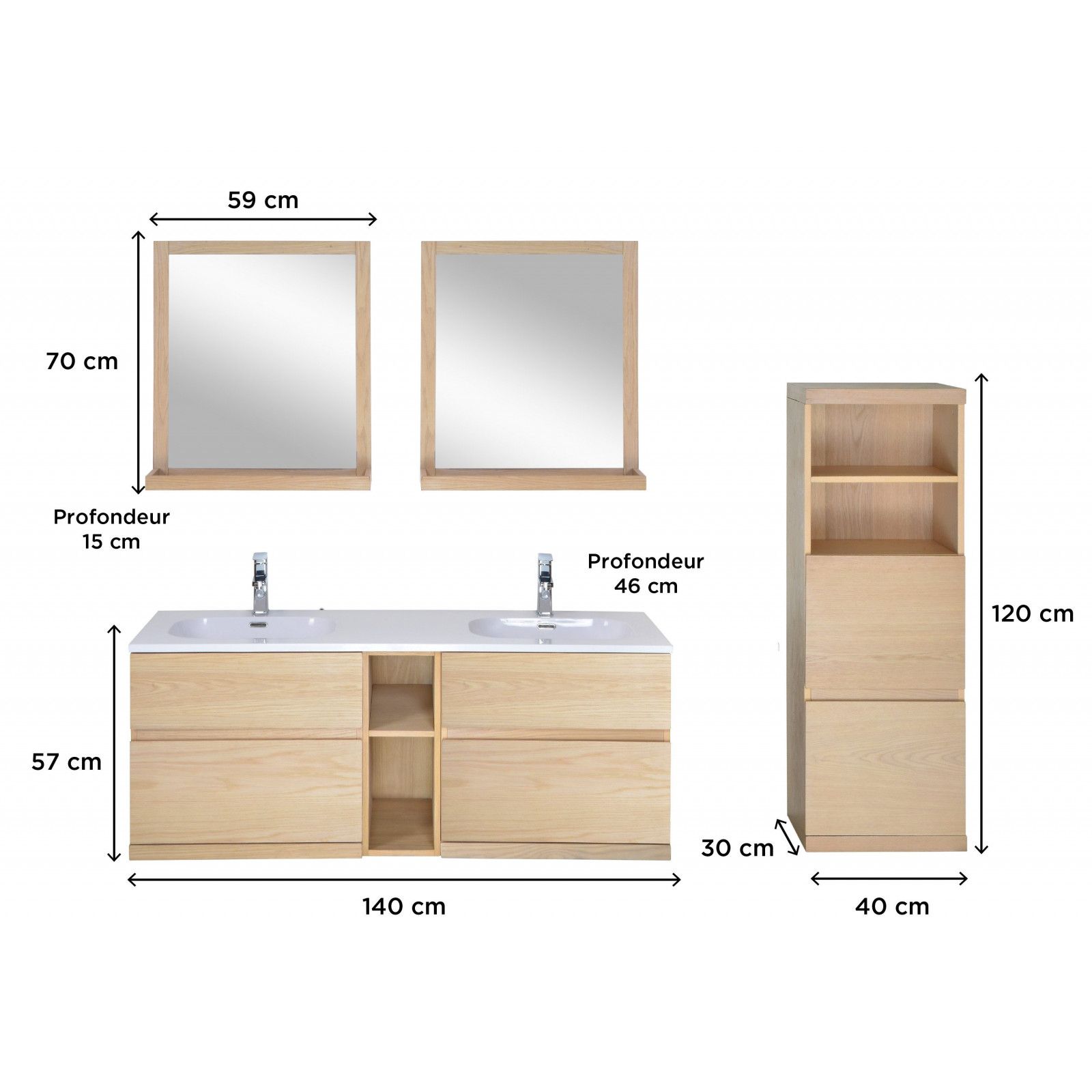 Ensemble salle de bain chêne 140 cm meuble + vasque + 2 miroirs + demi-colonne ENIO