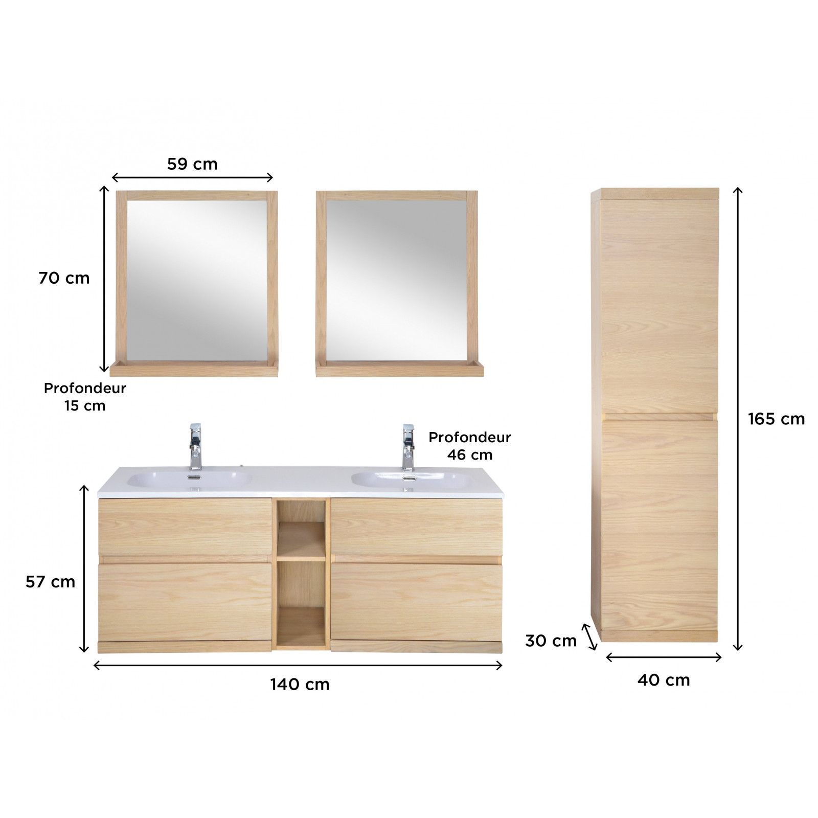 Ensemble salle de bain chêne 140 cm meuble + vasque + 2 miroirs + colonne ENIO