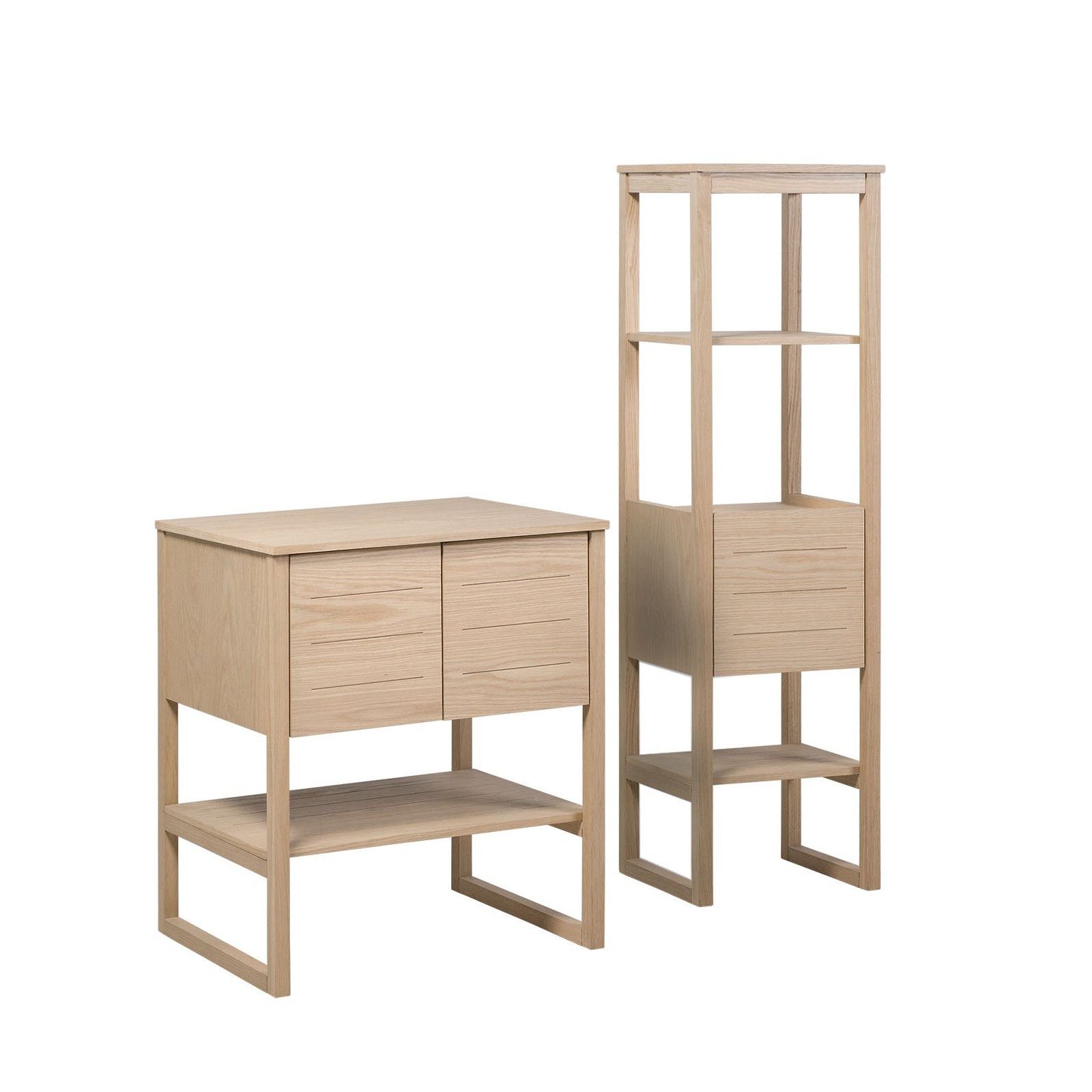 Ensemble de Salle De Bain Meuble Chêne 70 cm + Colonne de rangement Chêne 145 cm ATOLL