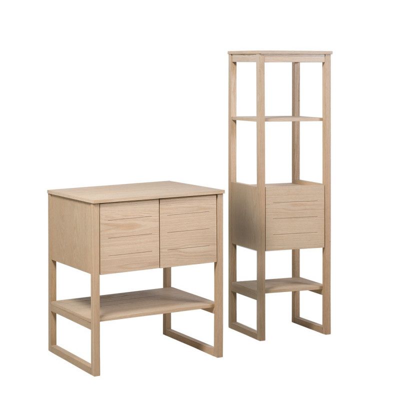 Ensemble de Salle De Bain Meuble Chêne 70 cm + Colonne de rangement Chêne 145 cm ATOLL