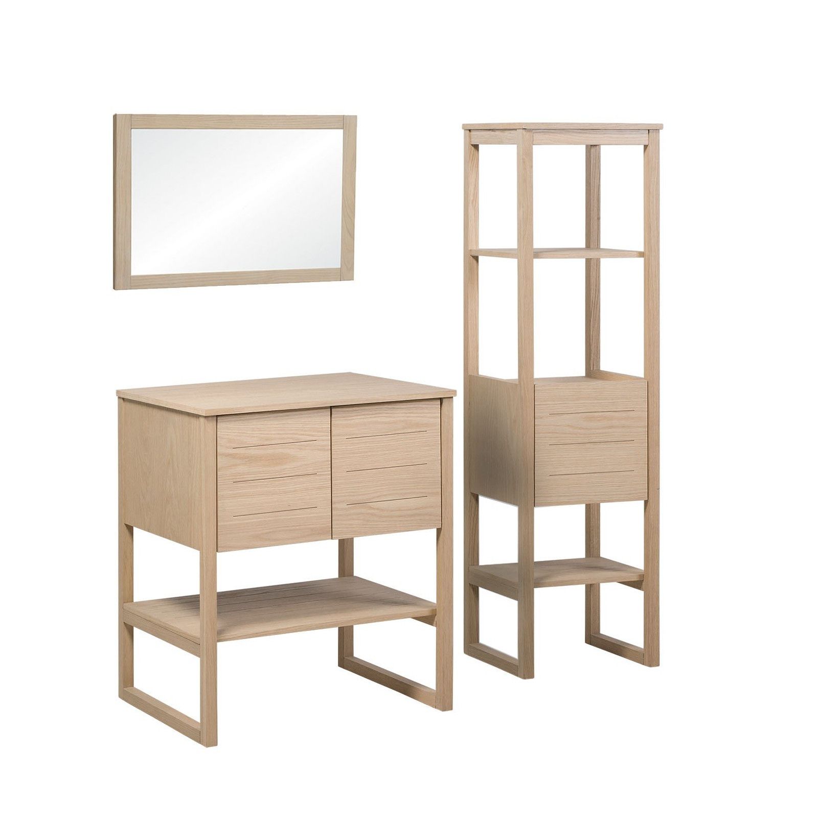 Ensemble de Salle De Bain Meuble Chêne 70 cm + Colonne de rangement Chêne 145 cm ATOLL + Miroir