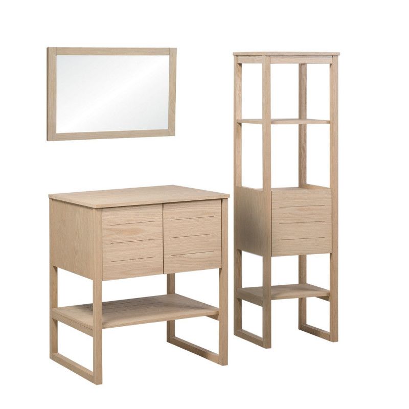 Ensemble de Salle De Bain Meuble Chêne 70 cm + Colonne de rangement Chêne 145 cm ATOLL + Miroir
