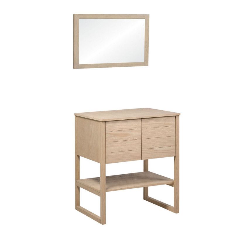Ensemble de Salle De Bain Meuble Chêne 70 cm + Colonne de rangement Chêne 145 cm ATOLL + Miroir