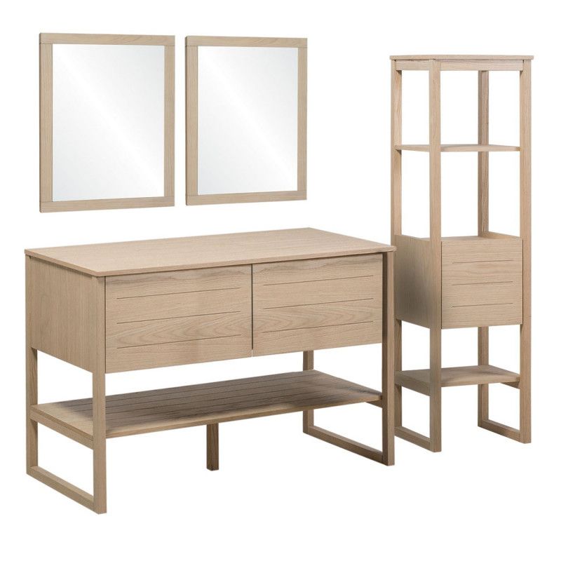 Ensemble de Salle De Bain Meuble Chêne 120 cm + Colonne de rangement Chêne 145 cm ATOLL + 2 Miroirs