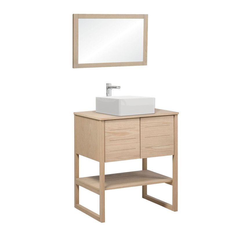Ensemble de Salle De Bain Meuble Chêne 70 cm ATOLL + Miroir Bois L50xH70cm + Vasque carrée