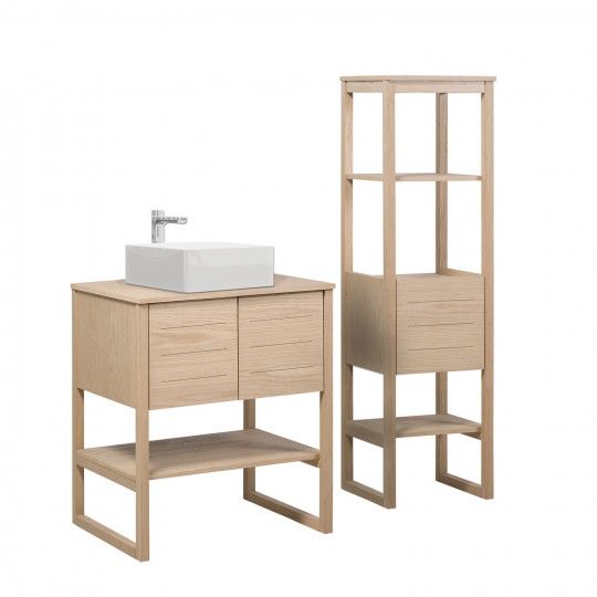 Ensemble de Salle De Bain Meuble Chêne 70 cm + Colonne de rangement Chêne 145 cm ATOLL + Vasque carr