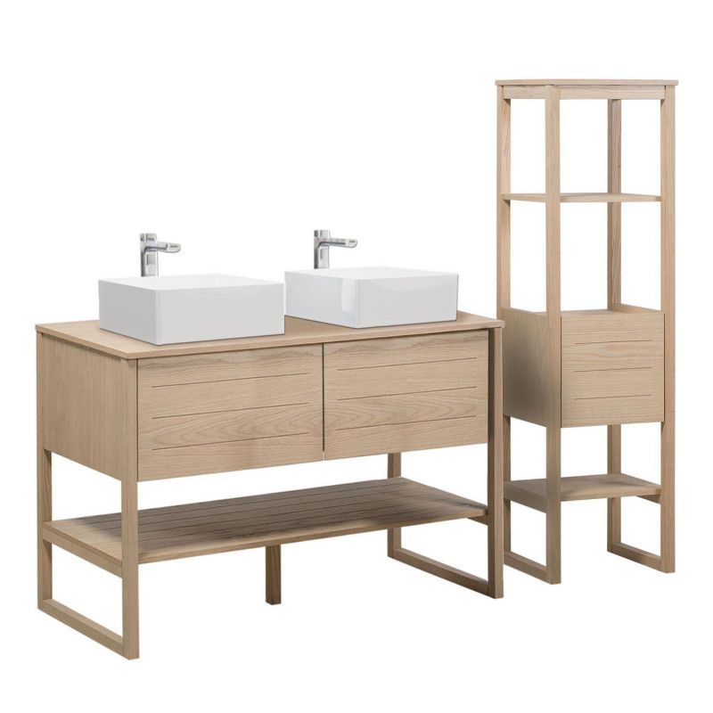 Ensemble de Salle De Bain Meuble Chêne 120 cm + Colonne de rangement Chêne 145 cm ATOLL + 2 Vasques