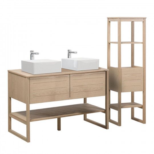 Ensemble de Salle De Bain Meuble Chêne 120 cm + Colonne de rangement Chêne 145 cm ATOLL + 2 Vasques