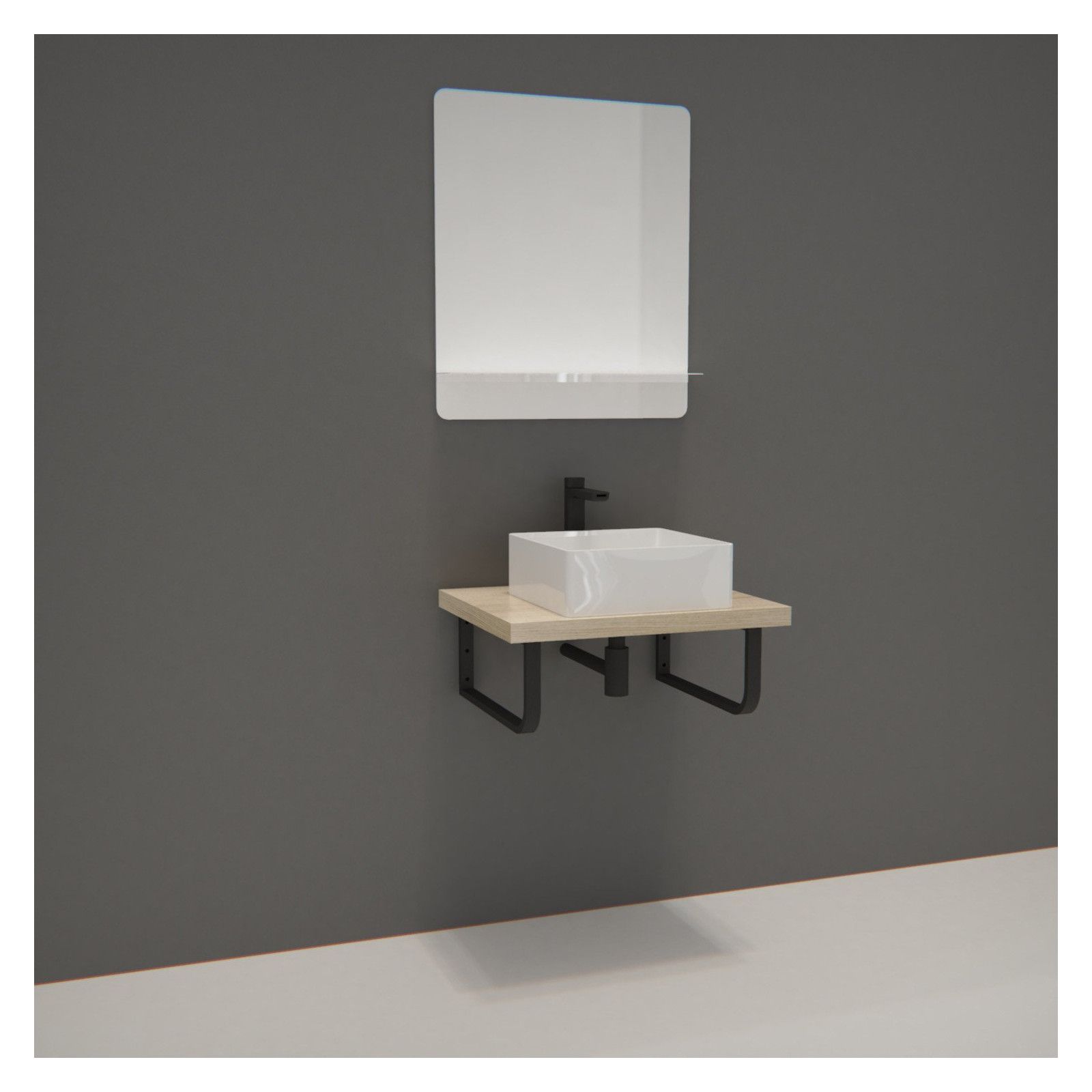 Ensemble de Salle de Bain WILL - Plan suspendu 60 cm + Equerres porte serviettes + Vasque + Miroir