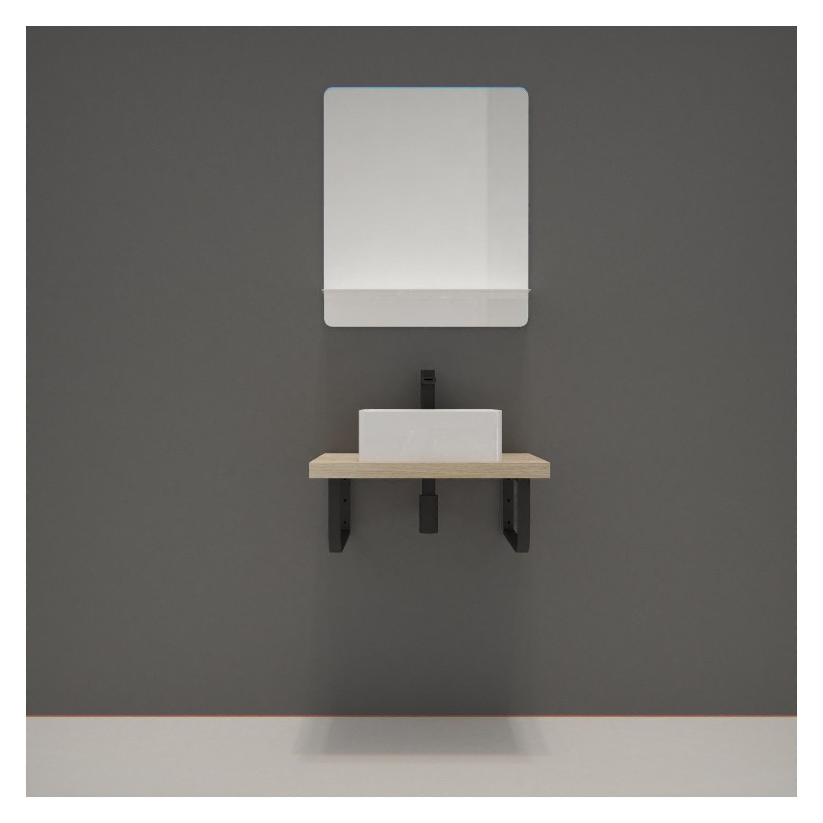 Ensemble de Salle de Bain WILL - Plan suspendu 60 cm + Equerres porte serviettes + Vasque + Miroir