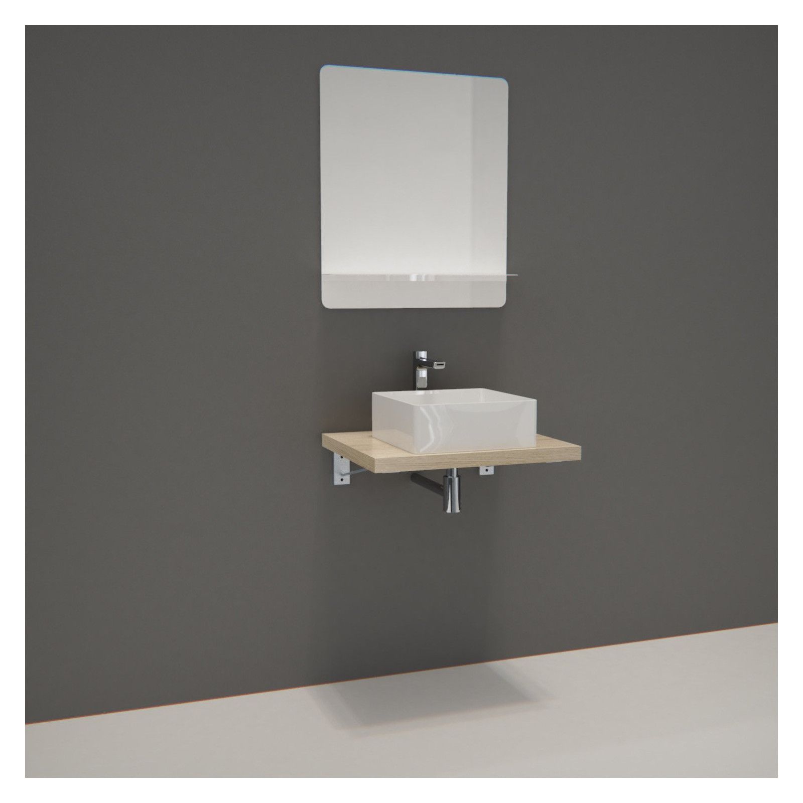 Ensemble de Salle de Bain WILL - Plan suspendu 60 cm + Equerres invisibles + Vasque + Miroir