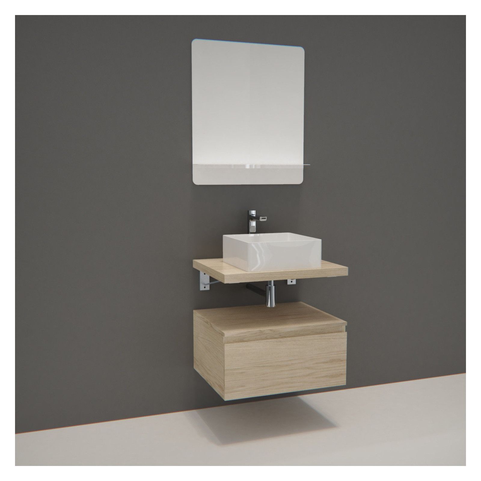 Ensemble de Salle de Bain WILL - Plan suspendu 60 cm + Equerres invisibles + Meuble tiroir + Vasque 