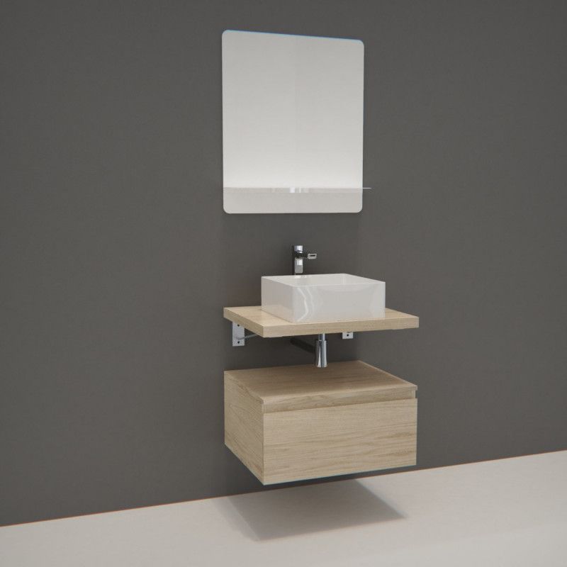 Ensemble de Salle de Bain WILL - Plan suspendu 60 cm + Equerres invisibles + Meuble tiroir + Vasque