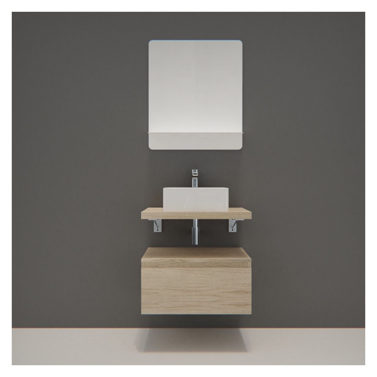 Ensemble de Salle de Bain WILL - Plan suspendu 60 cm + Equerres invisibles + Meuble tiroir + Vasque 
