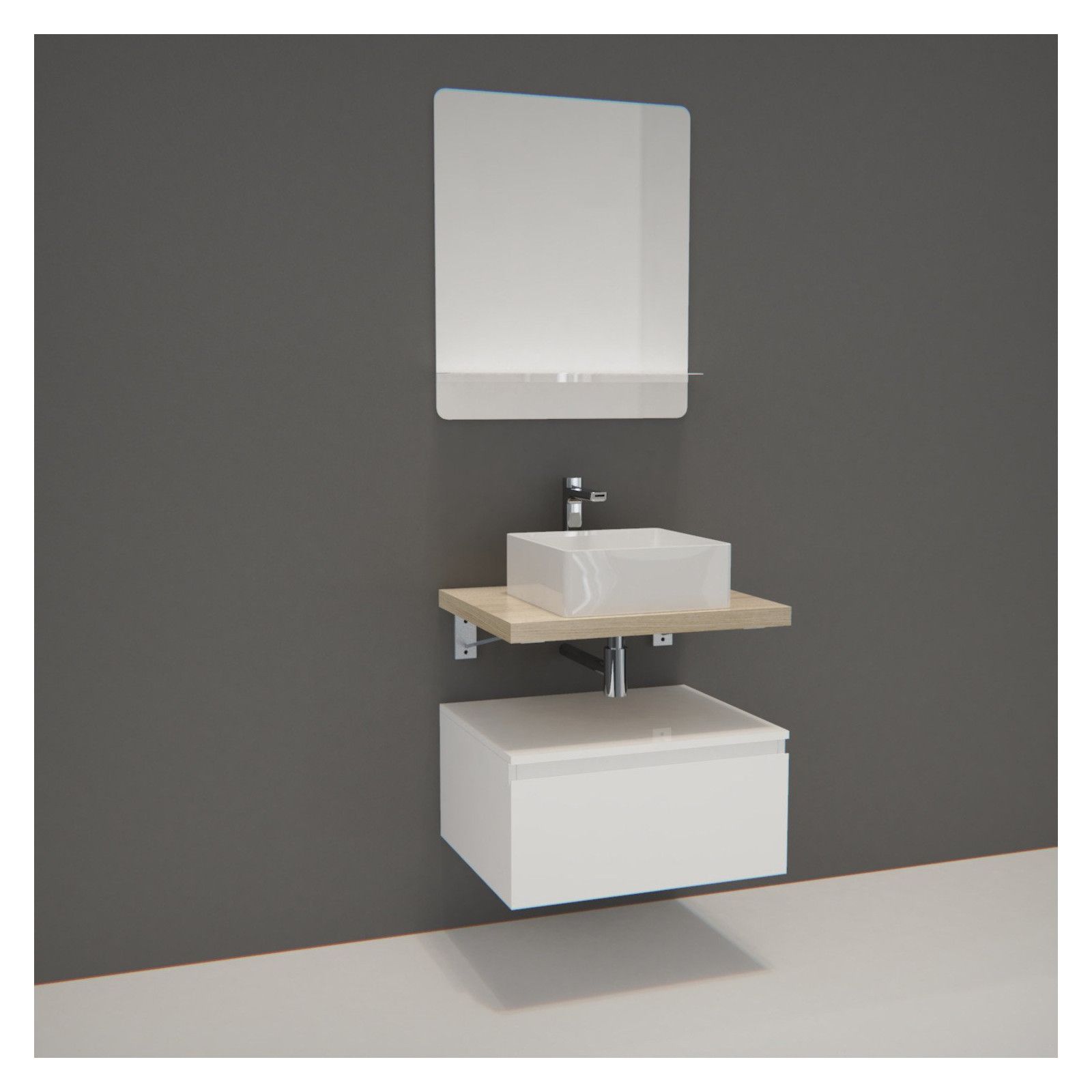 Ensemble de Salle de Bain WILL - Plan suspendu 60 cm + Equerres invisibles + Meuble tiroir + Vasque 