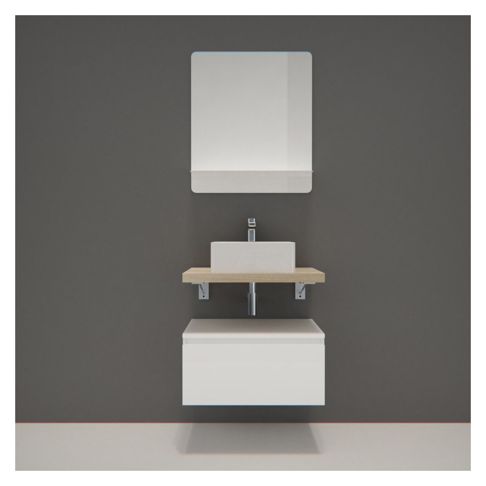 Ensemble de Salle de Bain WILL - Plan suspendu 60 cm + Equerres invisibles + Meuble tiroir + Vasque 