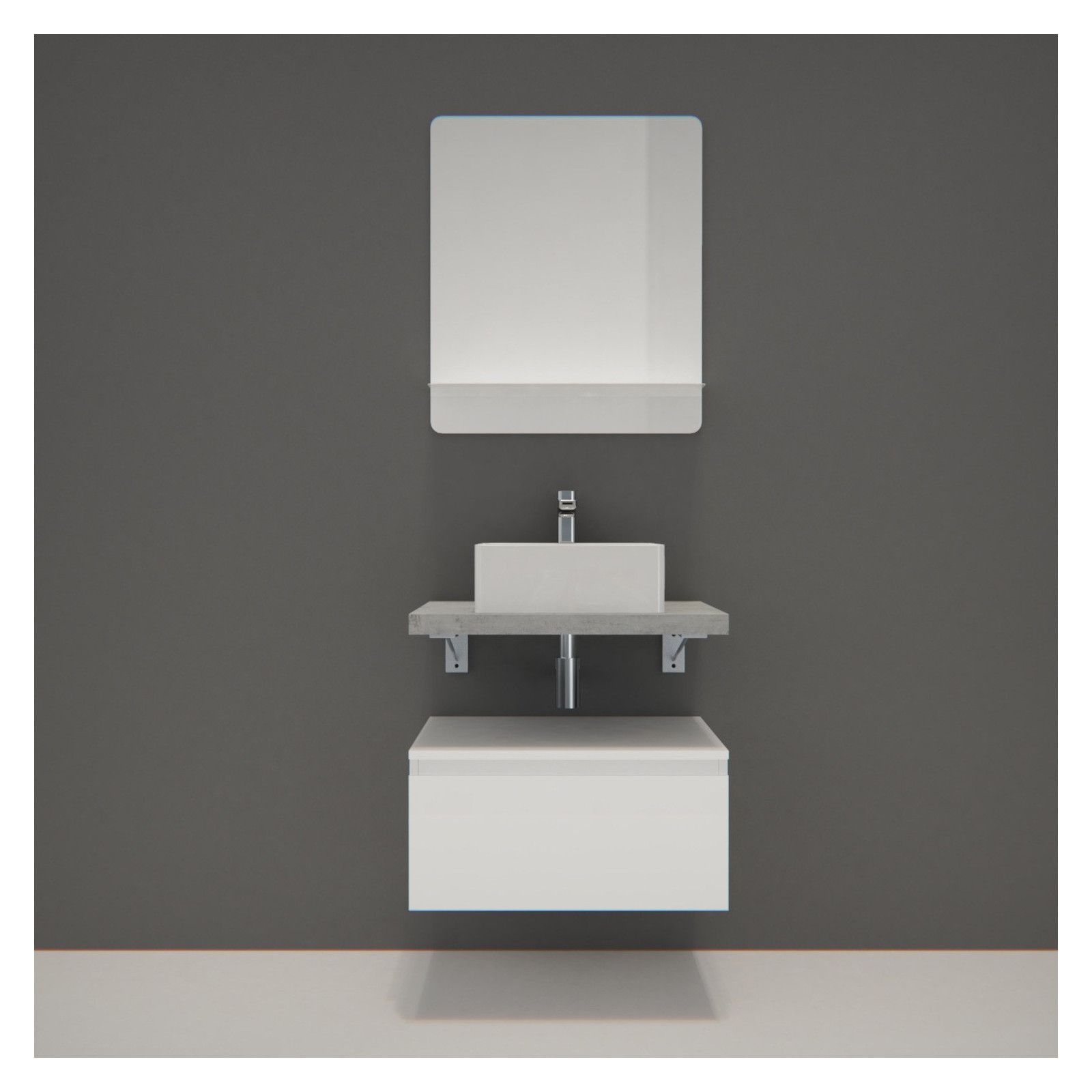 Ensemble de Salle de Bain WILL - Plan suspendu 60 cm + Equerres invisibles + Meuble tiroir + Vasque