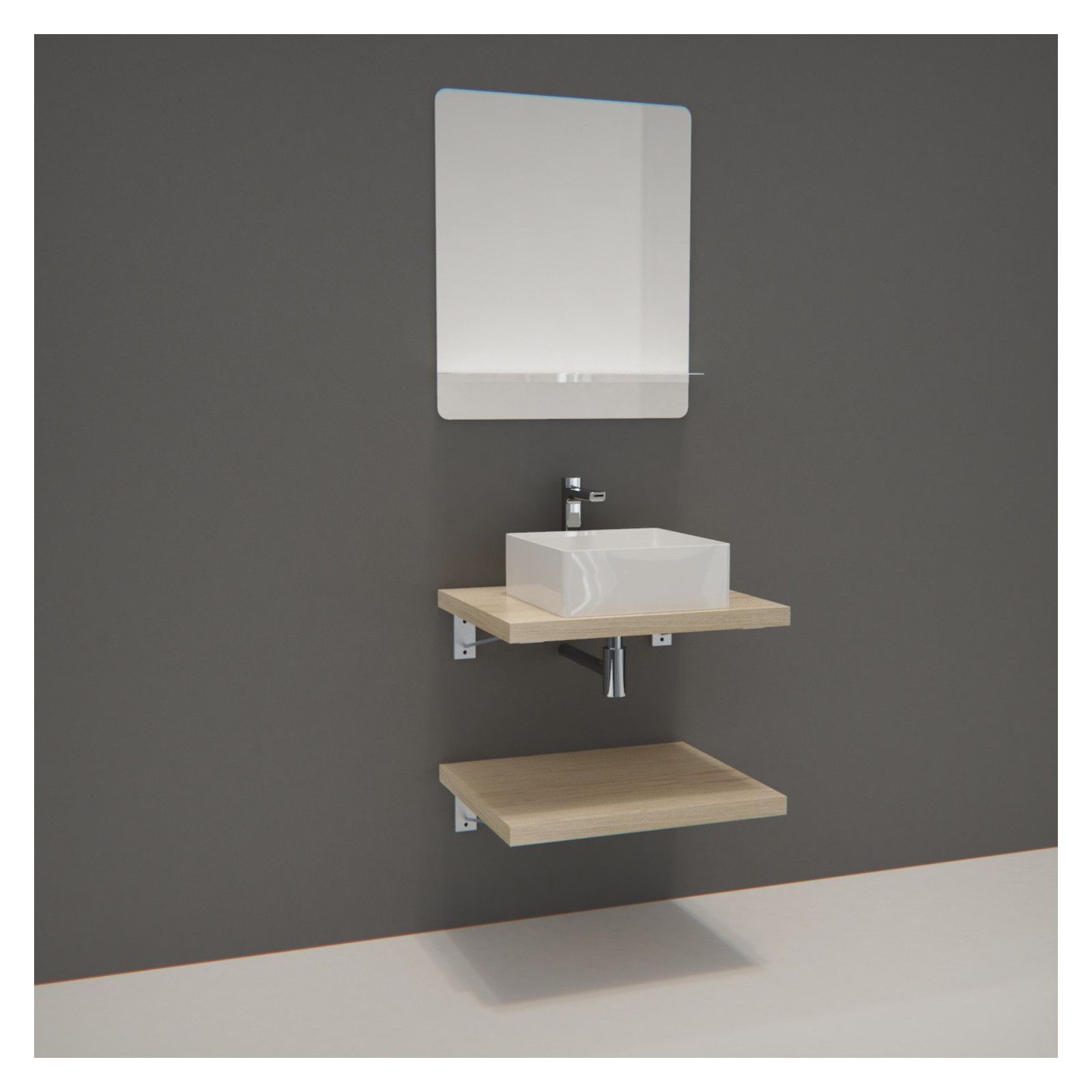 Ensemble de Salle de Bain WILL - Plan suspendu 60 cm x 2 + Equerres invisibles + Vasque + Miroir