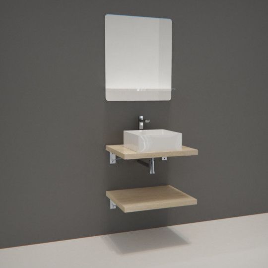Ensemble de Salle de Bain WILL - Plan suspendu 60 cm x 2 + Equerres invisibles + Vasque + Miroir