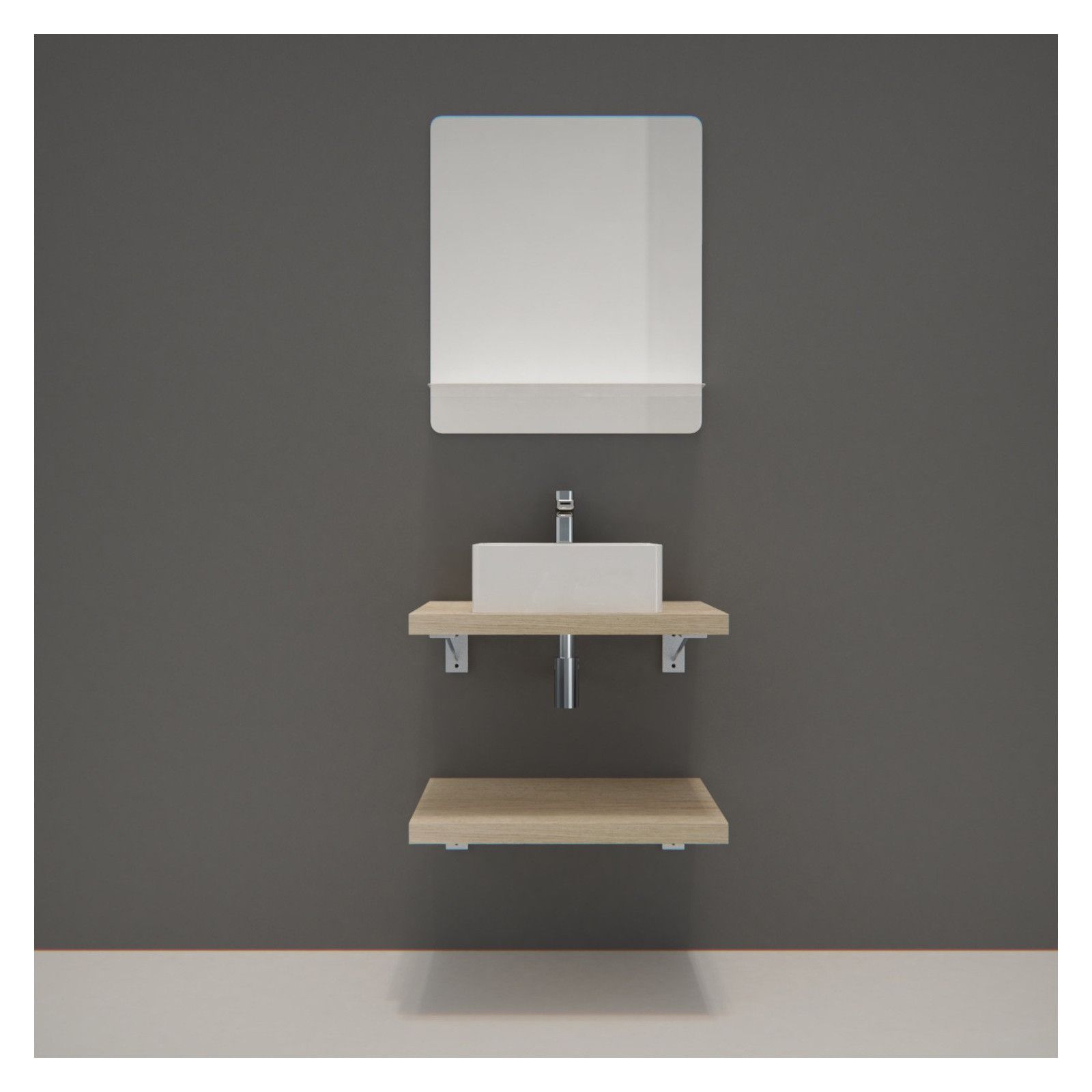 Ensemble de Salle de Bain WILL - Plan suspendu 60 cm x 2 + Equerres invisibles + Vasque + Miroir