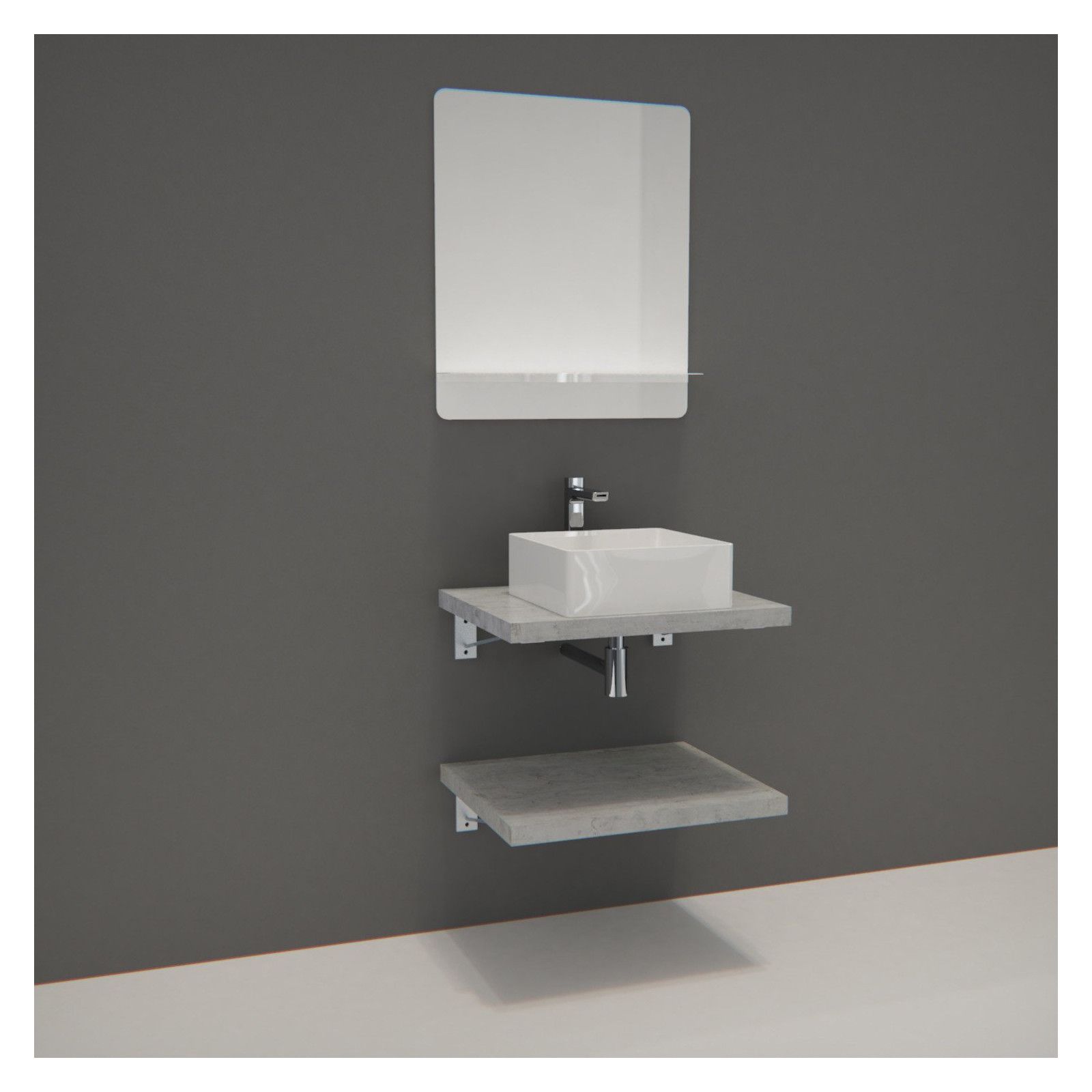Ensemble de Salle de Bain WILL - Plan suspendu 60 cm x 2 + Equerres invisibles + Vasque + Miroir