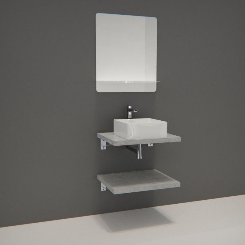 Ensemble de Salle de Bain WILL - Plan suspendu 60 cm x 2 + Equerres invisibles + Vasque + Miroir