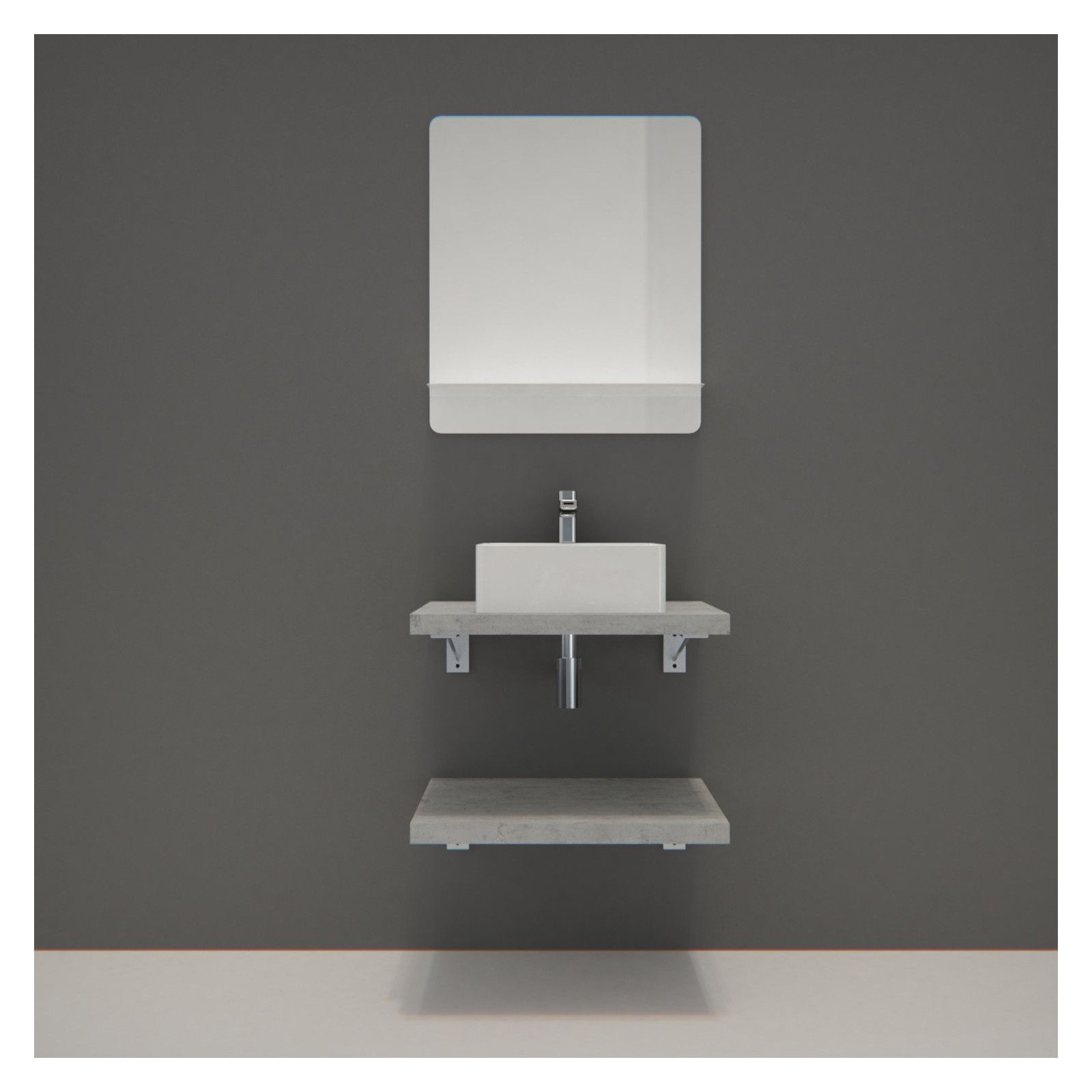 Ensemble de Salle de Bain WILL - Plan suspendu 60 cm x 2 + Equerres invisibles + Vasque + Miroir