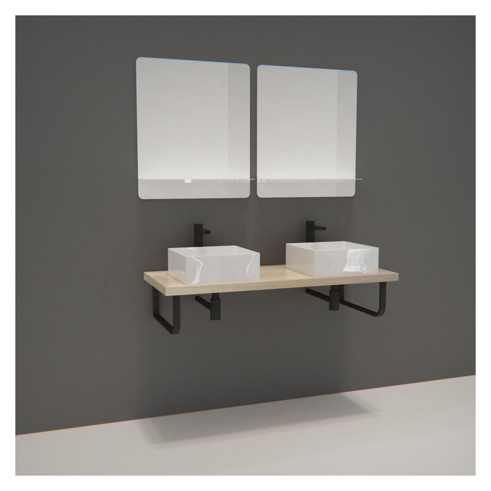 Plan suspendu 120 cm + 2 Vasques + 2 Miroirs + Equerres porte serviettes - WILL