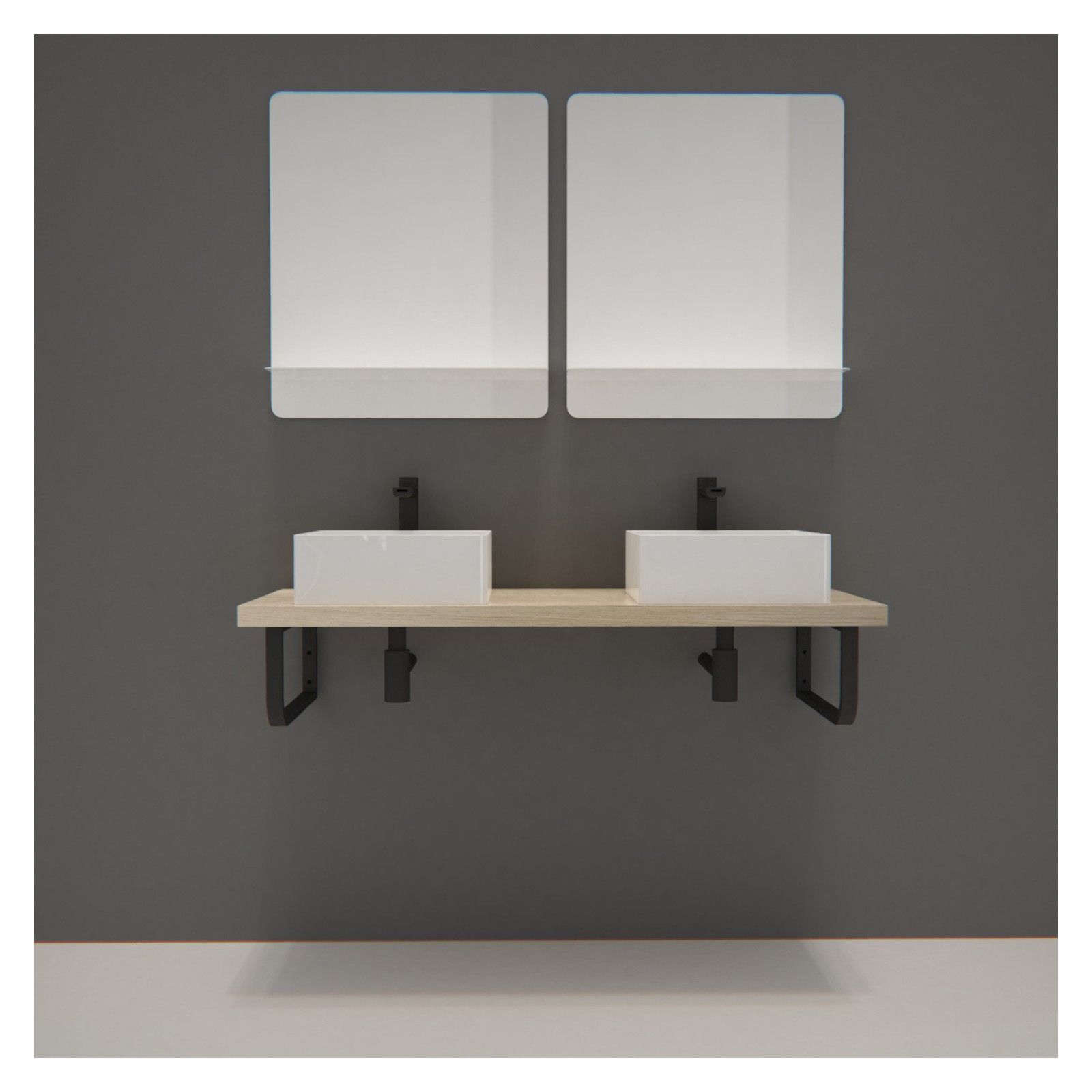 Plan suspendu 120 cm + 2 Vasques + 2 Miroirs + Equerres porte serviettes - WILL