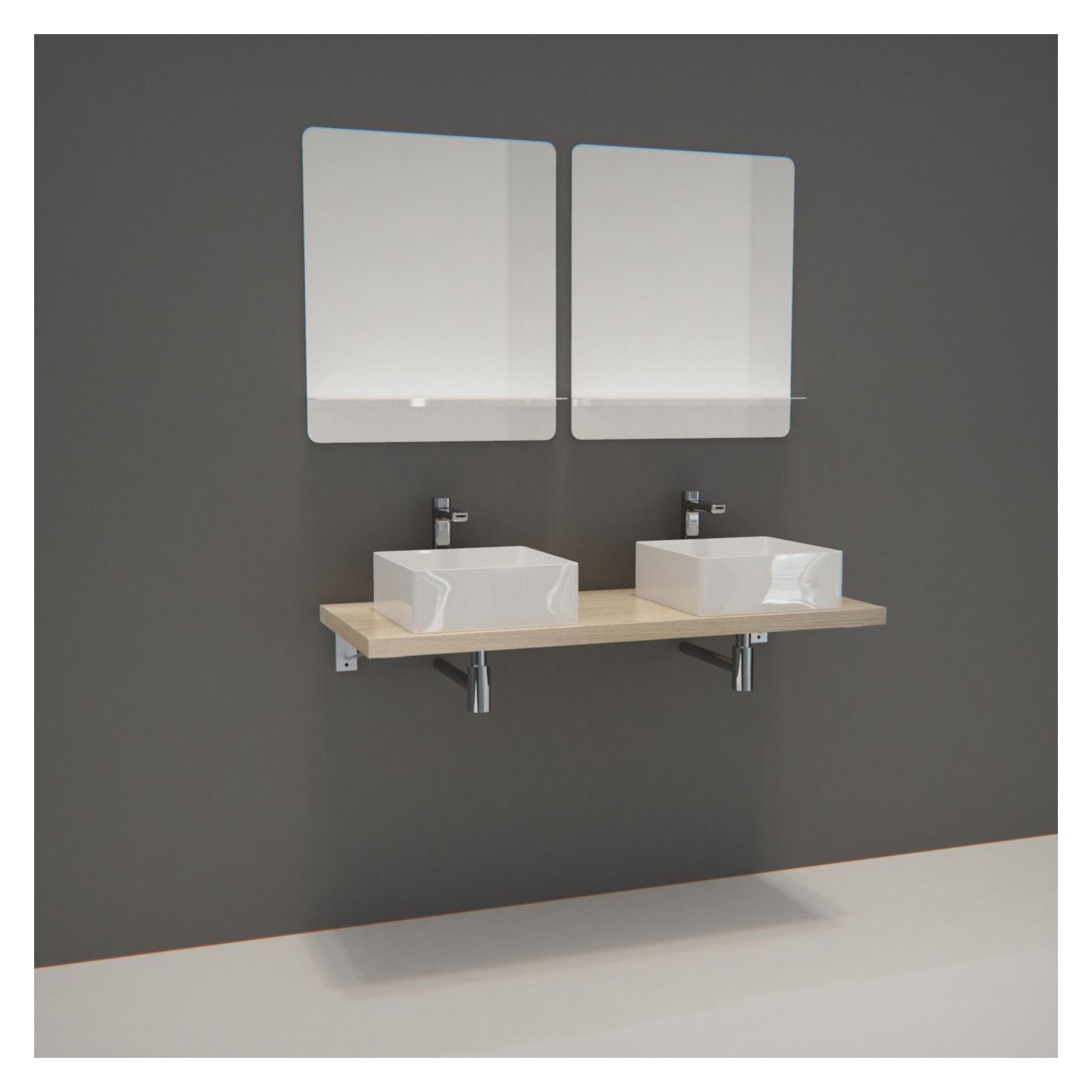 Ensemble de Salle de Bain WILL - Plan suspendu 120 cm + Equerres invisibles + 2 Vasques + 2 Miroirs
