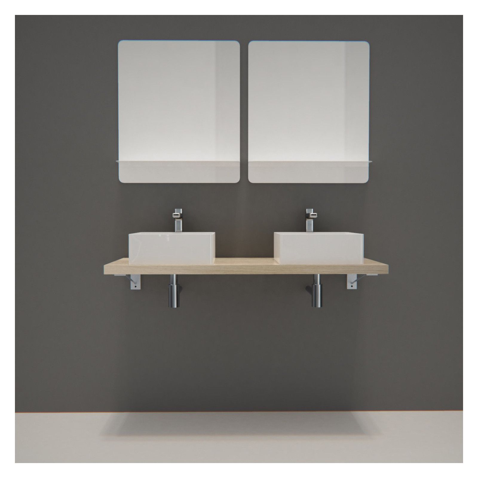Ensemble de Salle de Bain WILL - Plan suspendu 120 cm + Equerres invisibles + 2 Vasques + 2 Miroirs