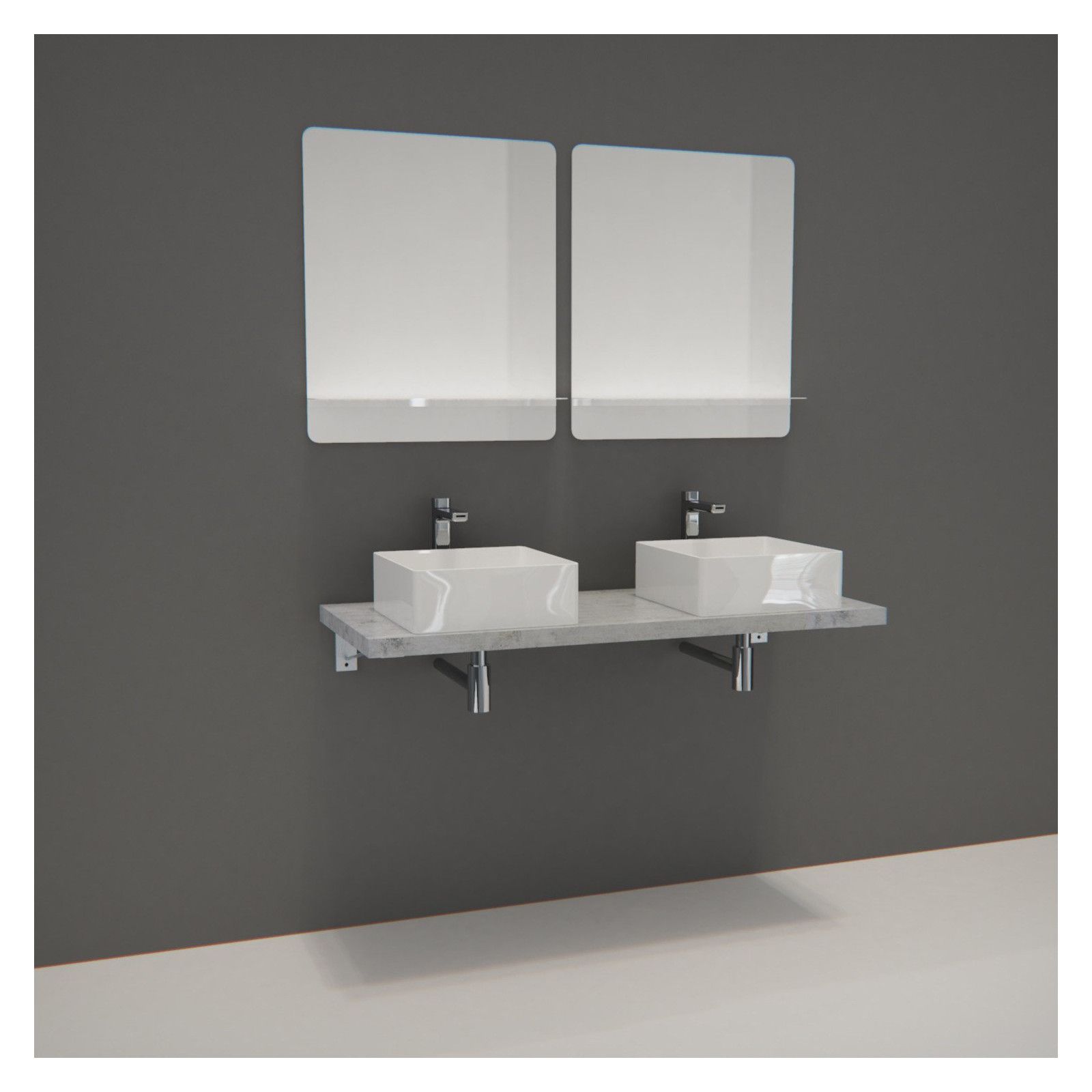 Ensemble de Salle de Bain WILL - Plan suspendu 120 cm + Equerres invisibles + 2 Vasques + 2 Miroirs