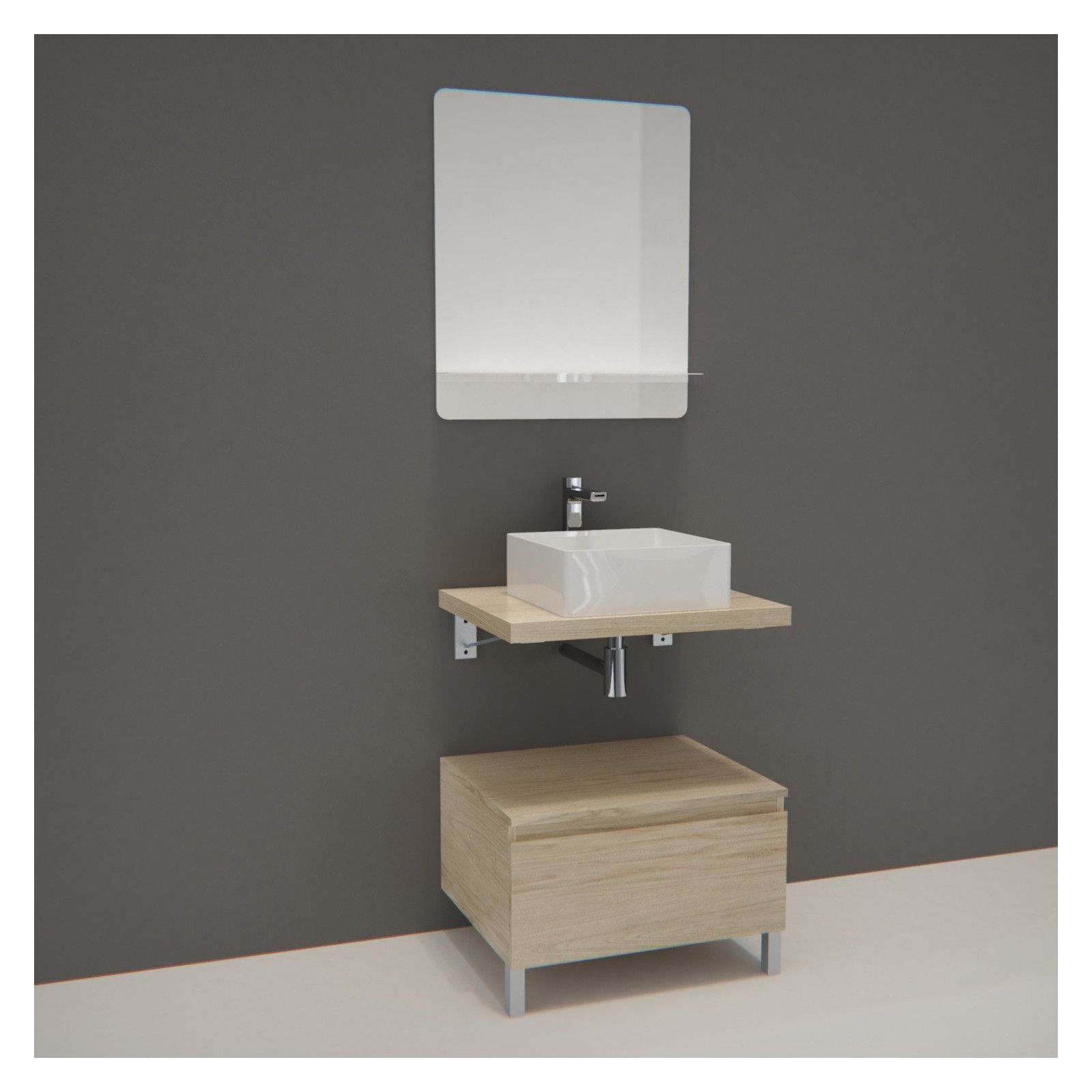 Ensemble de Salle de Bain WILL - Plan suspendu 60 cm + Equerres invisibles + Meuble tiroir + Vasque 