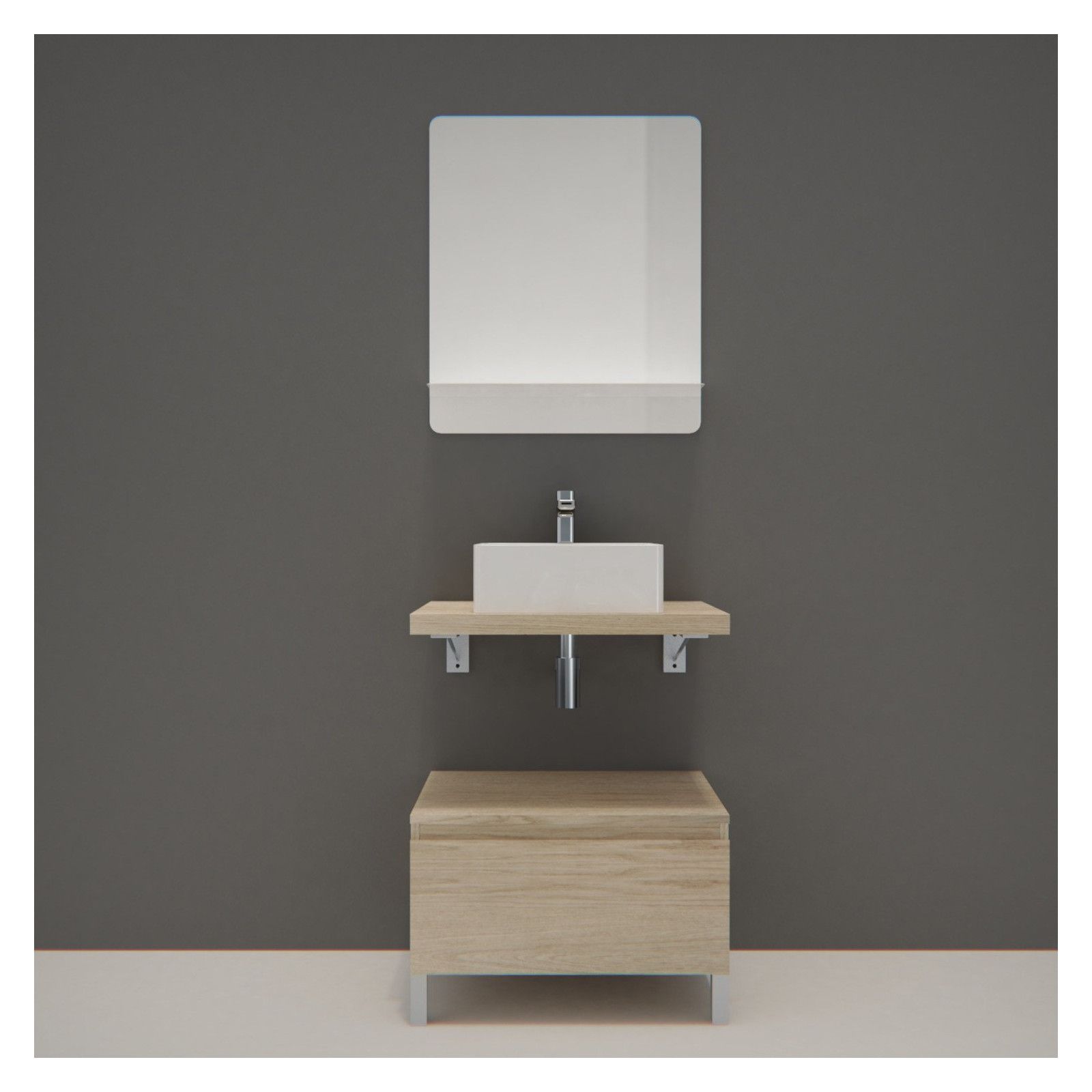 Ensemble de Salle de Bain WILL - Plan suspendu 60 cm + Equerres invisibles + Meuble tiroir + Vasque 