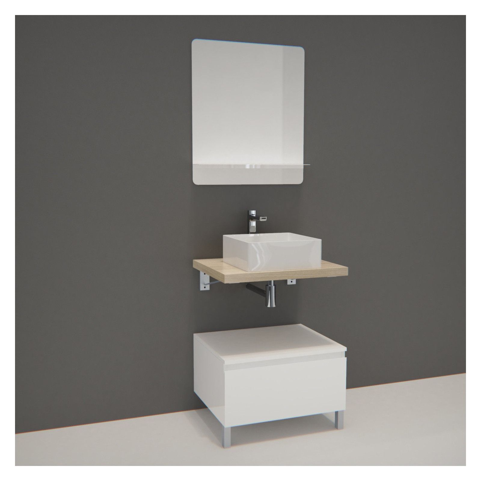 Ensemble de Salle de Bain WILL - Plan suspendu 60 cm + Equerres invisibles + Meuble tiroir + Vasque 