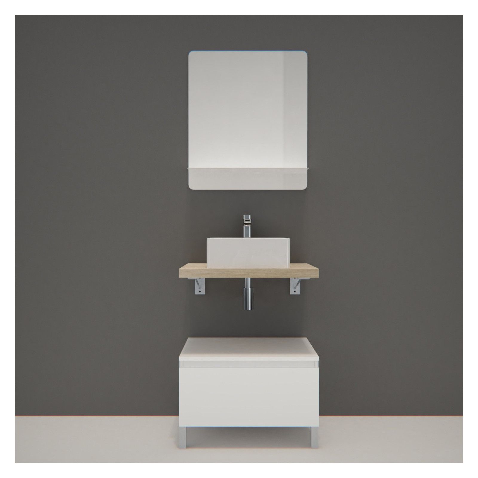 Ensemble de Salle de Bain WILL - Plan suspendu 60 cm + Equerres invisibles + Meuble tiroir + Vasque
