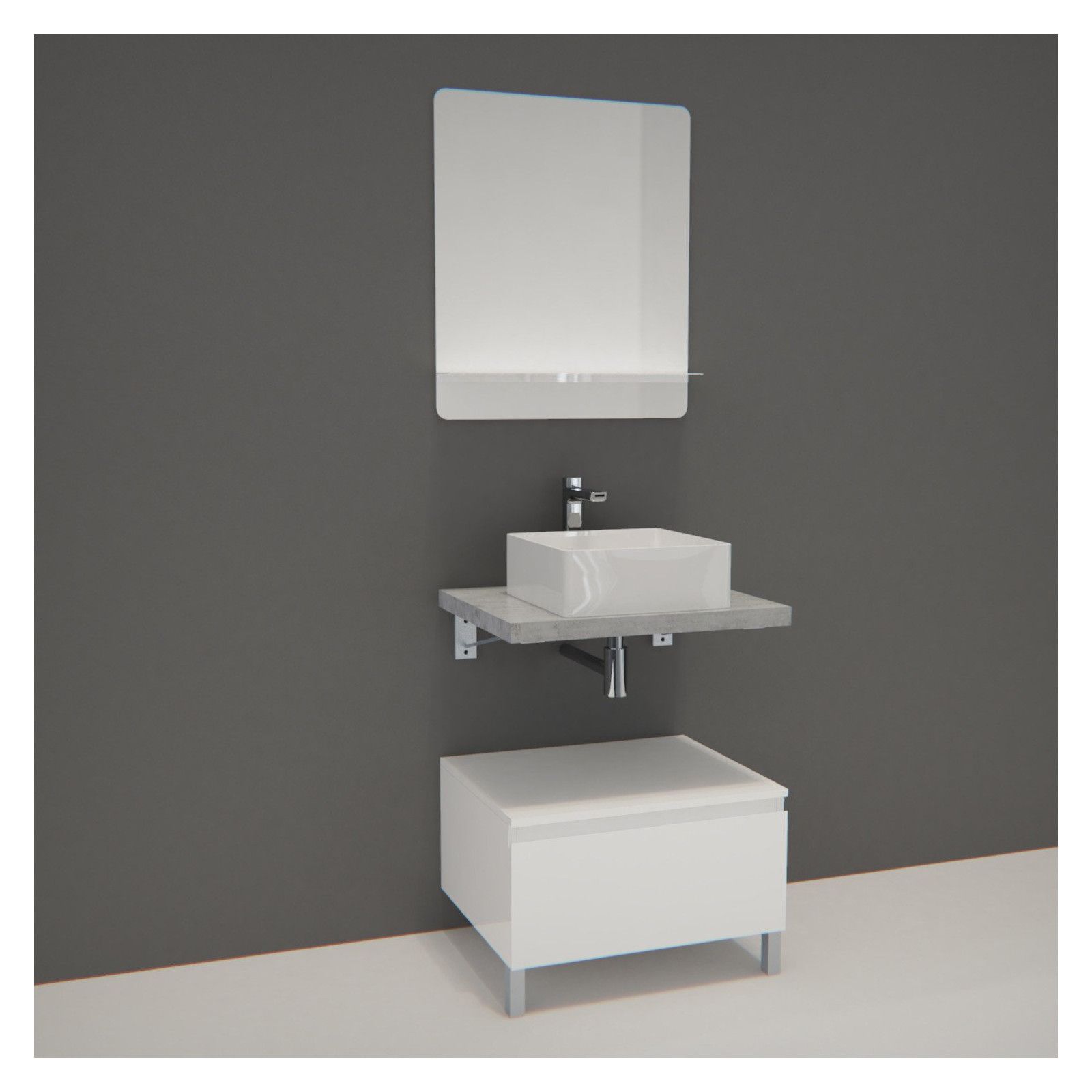 Ensemble de Salle de Bain WILL - Plan suspendu 60 cm + Equerres invisibles + Meuble tiroir + Vasque 