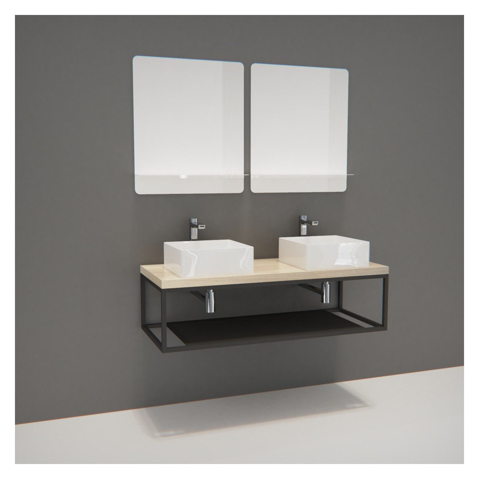 Ensemble de Salle de Bain WILL - Plan suspendu 120 cm + Structure métal + 2 Vasques + 2 Miroirs