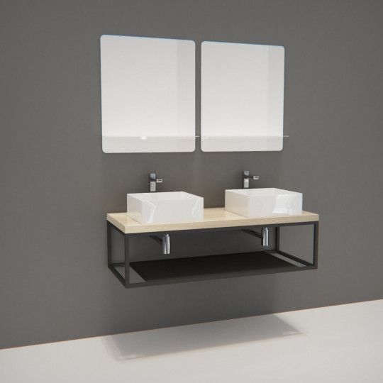 Ensemble de Salle de Bain WILL - Plan suspendu 120 cm + Structure métal + 2 Vasques + 2 Miroirs