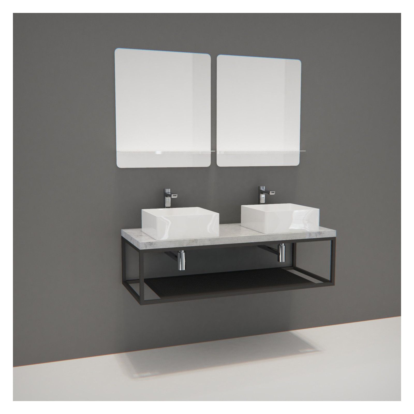 Ensemble de Salle de Bain WILL - Plan suspendu 120 cm + Structure métal + 2 Vasques + 2 Miroirs