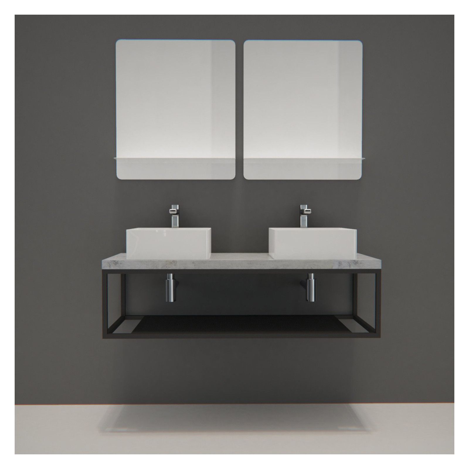 Ensemble de Salle de Bain WILL - Plan suspendu 120 cm + Structure métal + 2 Vasques + 2 Miroirs