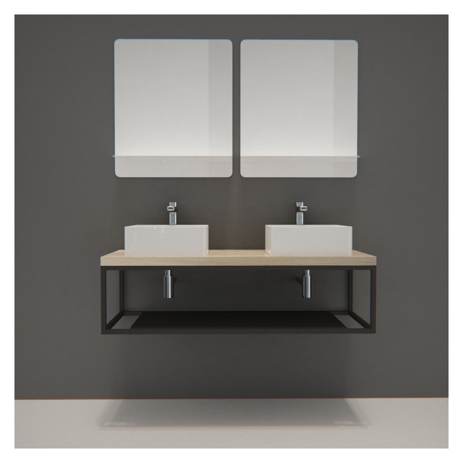 Ensemble de Salle de Bain WILL - Plan suspendu 120 cm + Structure métal + 2 Vasques + 2 Miroirs Ensemble de Salle de Bain WILL - Plan suspendu 120 cm + Structure métal + 2 Vasques + 2 Miroirs