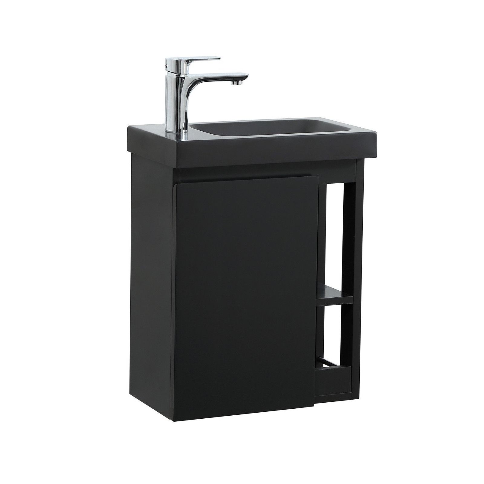 Lave-mains Noir Carbone HAMPTON + Vasque Noire + Miroir L40 cm avec tablette Noire
