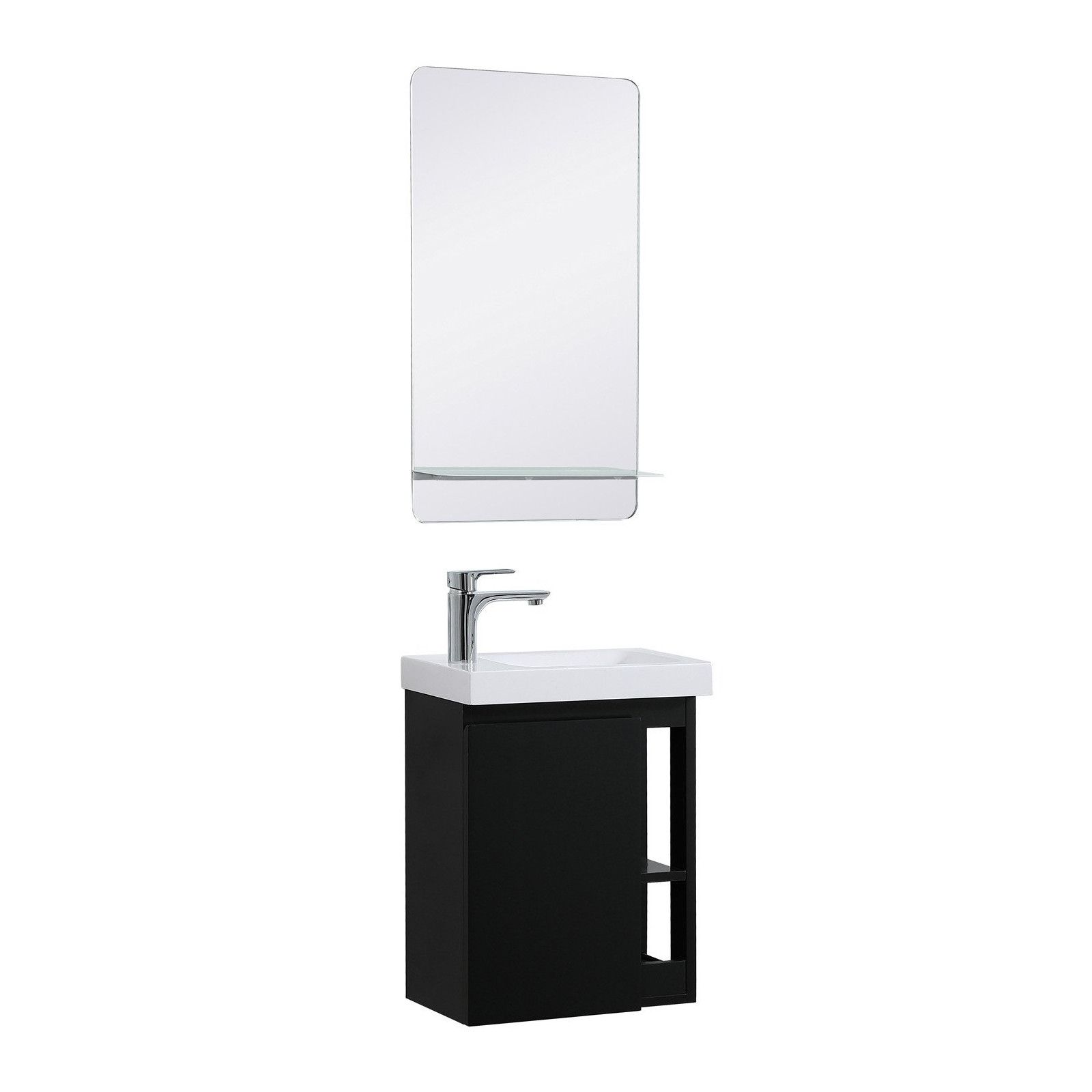 Lave-mains Noir Carbone HAMPTON + Vasque Blanche + Miroir L40 cm avec tablette Blanche