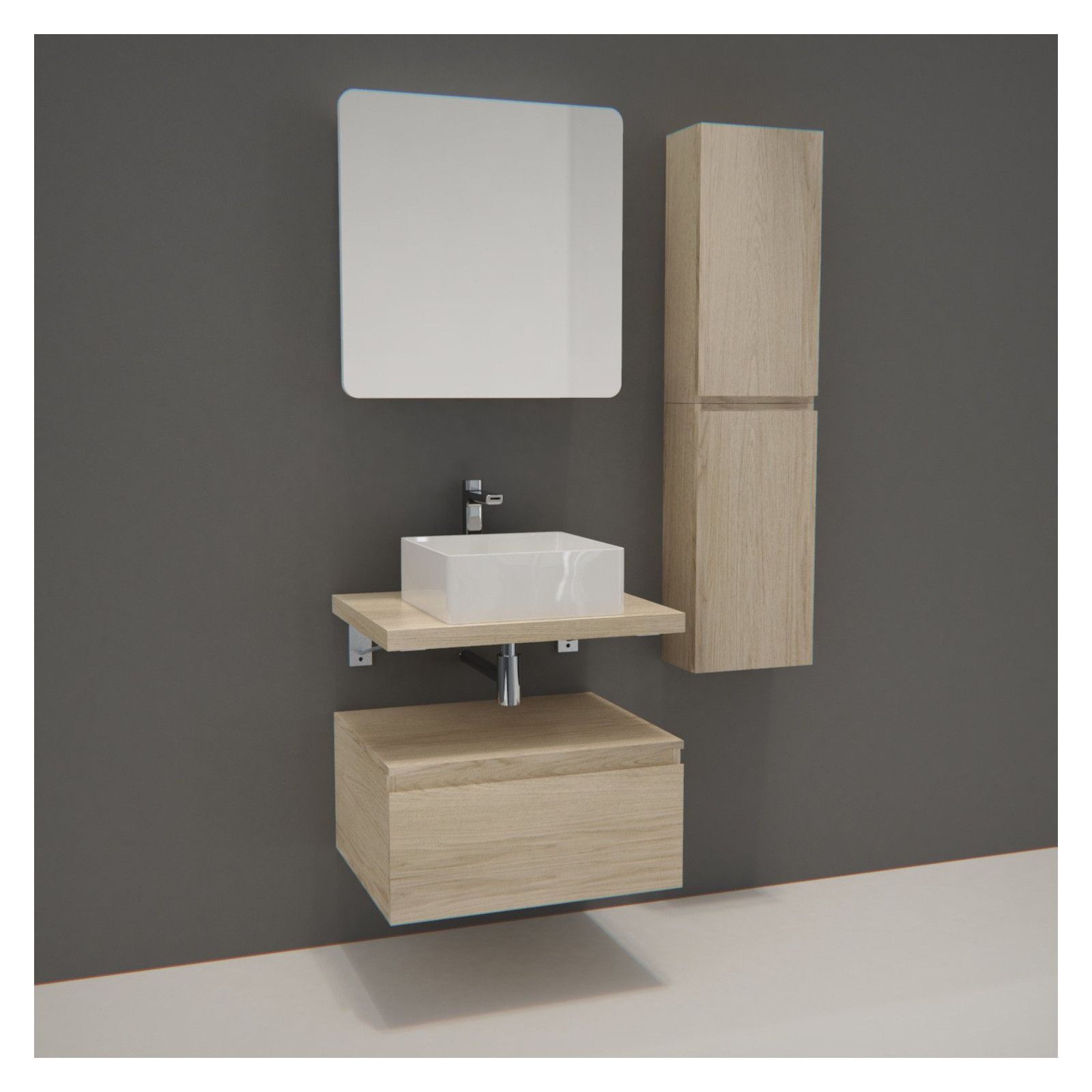 Ensemble de Salle de Bain WILL - Plan suspendu + Equerres + 3 Meubles de rangement + Vasque + Armoir